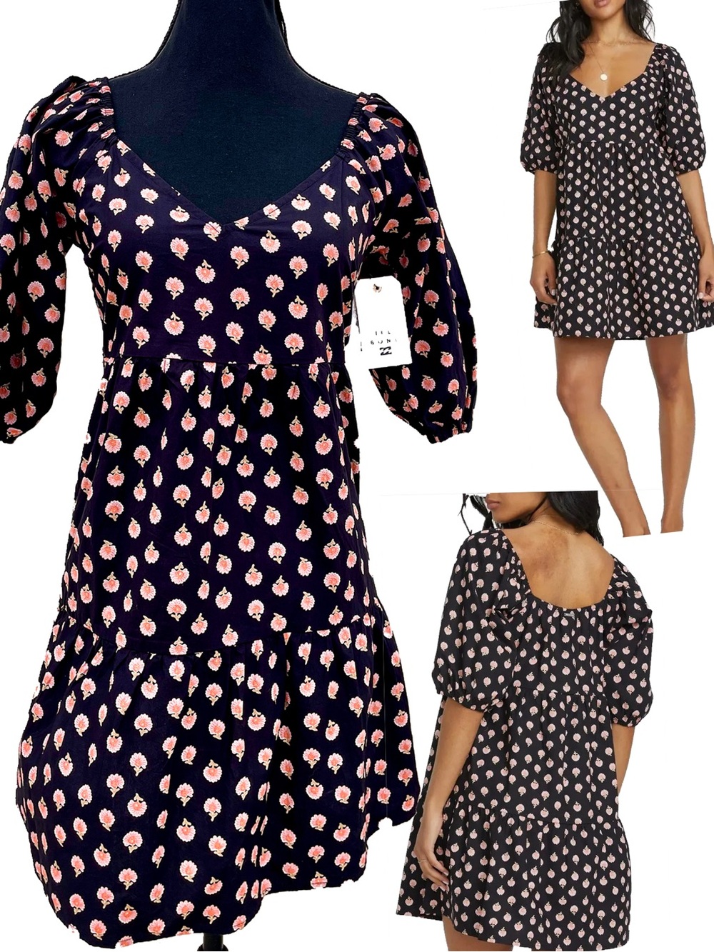 NEW Billabong Babydoll Dress Puff Sleeve Beach Boho Coastal Black Pink Floral WS